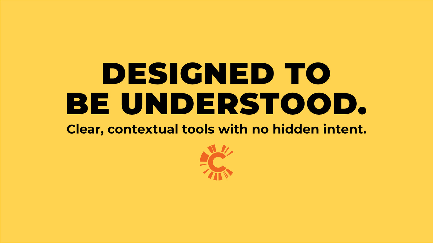 Untitled Example application graphic for ClearSky featuring a message about transparency and no hidden intent, using high-contrast text on a yellow background.